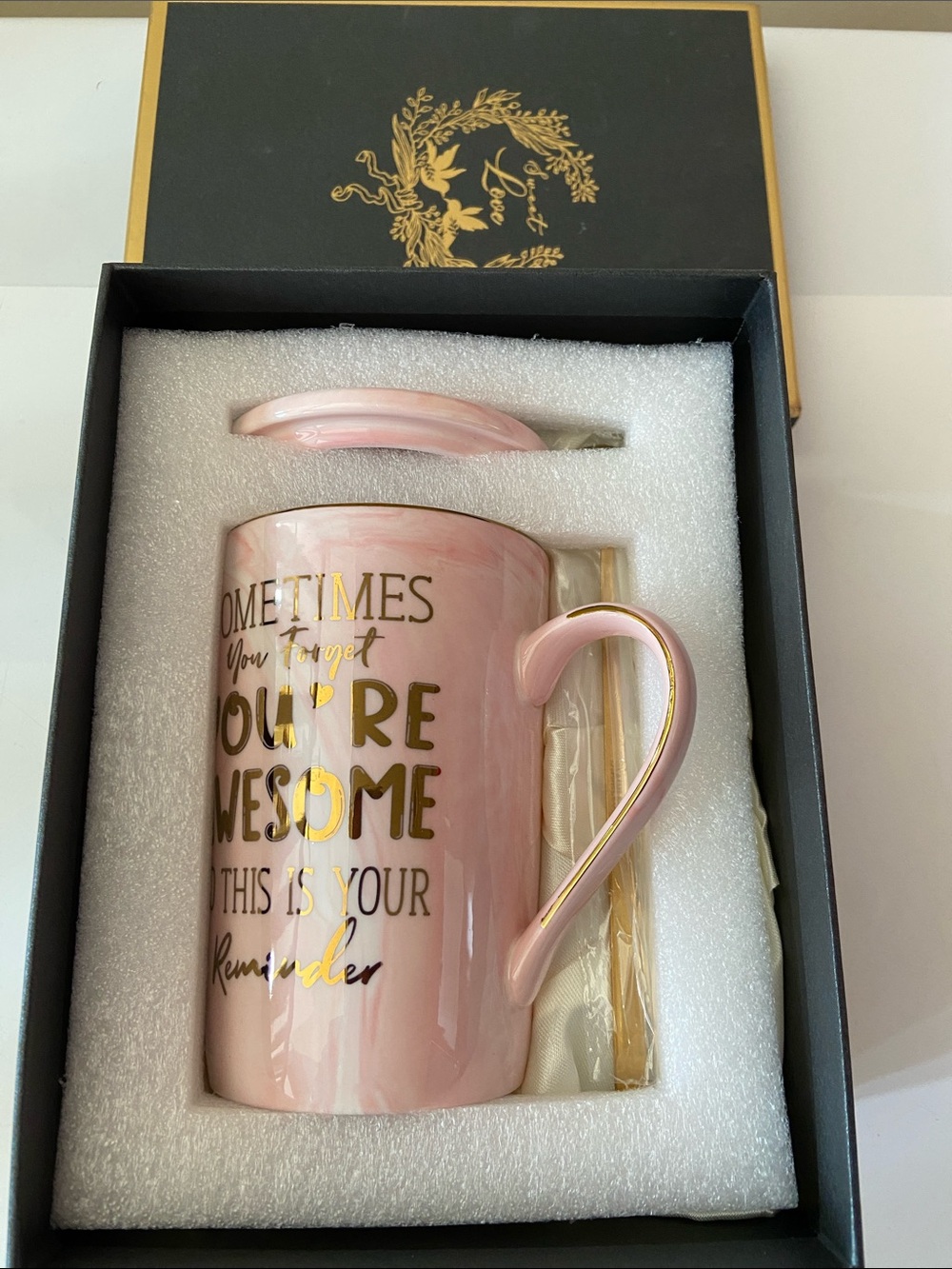 🆕 Boxed Pink Ceramic Mug with Gold Accent and Inspirational Text